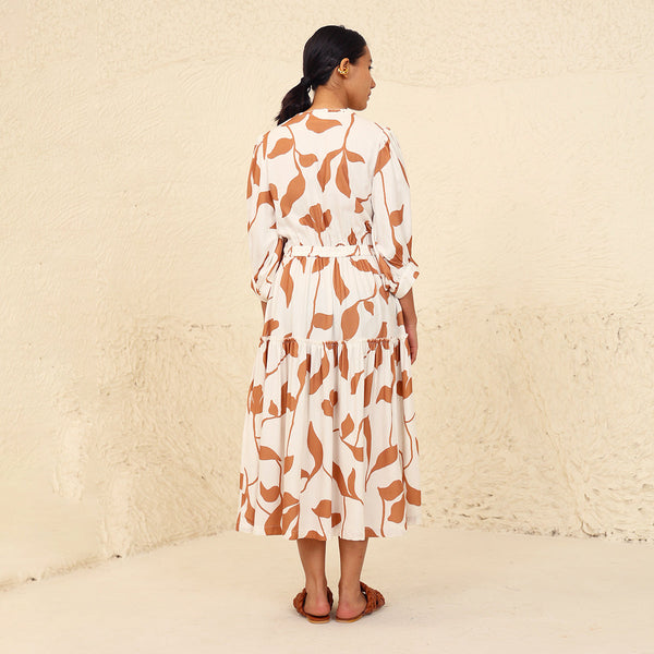 Tencel Twill Tiered Dress for Women | Printed | White & Beige