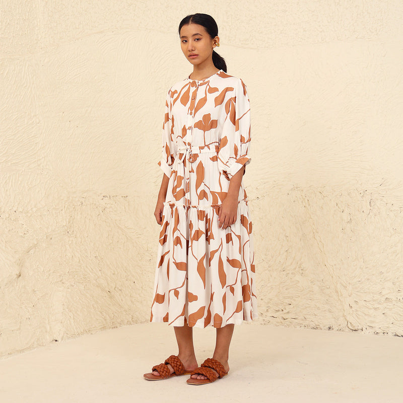Tencel Twill Tiered Dress for Women | Printed | White & Beige
