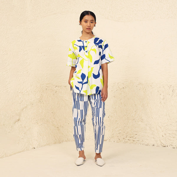 Cotton Poplin Printed Co-Ord Set for Women | Lime & Blue