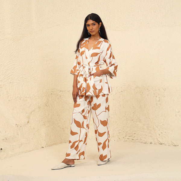 Tencel Twill Printed Co-Ord Set for Women | White & Beige