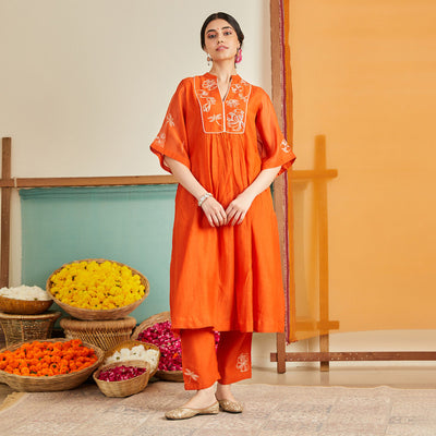 Chanderi Kurta Set for Women | Orange | Embroidered