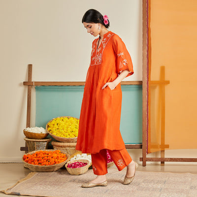 Chanderi Kurta Set for Women | Orange | Embroidered