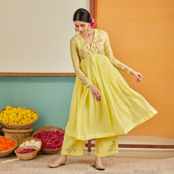 Chanderi Anarkali Kurta Set for Women | Pastel Yellow | Embroidered