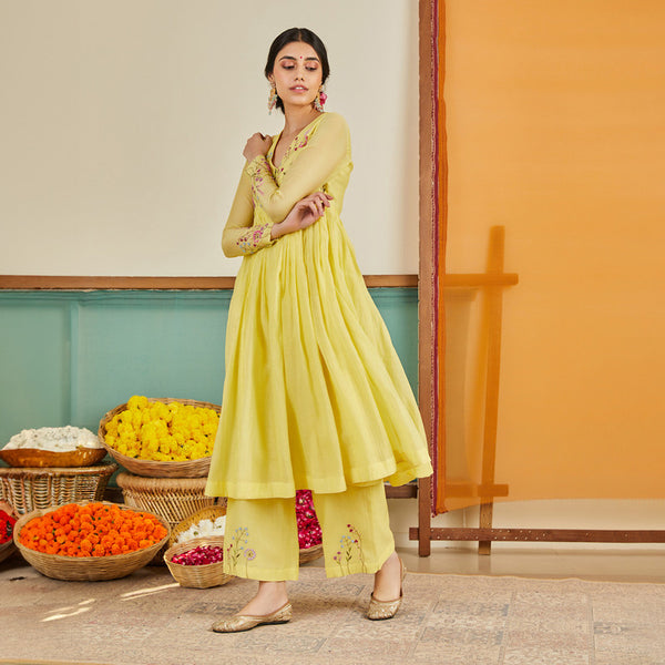 Chanderi Anarkali Kurta Set for Women | Pastel Yellow | Embroidered