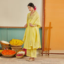 Chanderi Anarkali Kurta Set for Women | Pastel Yellow | Embroidered