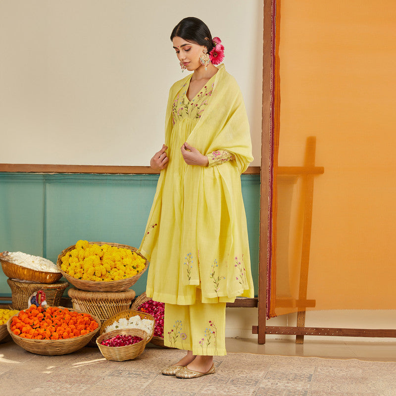 Chanderi Anarkali Kurta Set for Women | Pastel Yellow | Embroidered