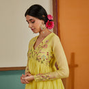 Chanderi Anarkali Kurta Set for Women | Pastel Yellow | Embroidered