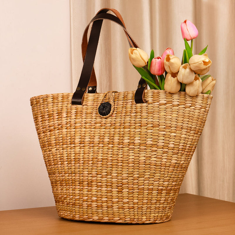 Tote Bag for Women | Kauna Grass & Faux Leather | Beige