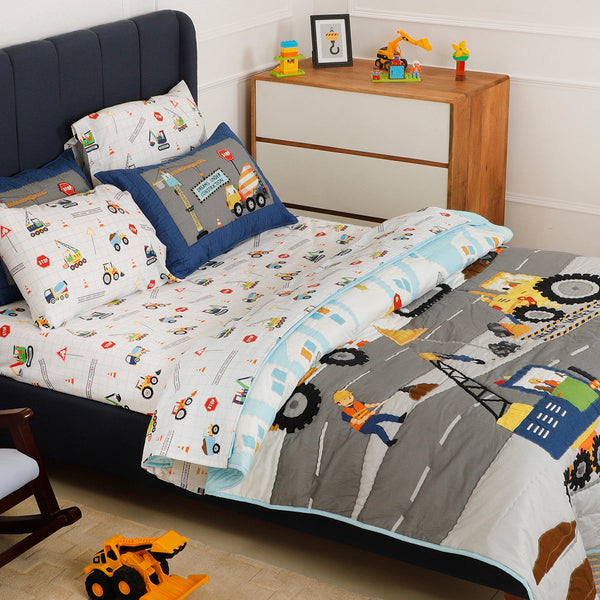 Organic Cotton Kids Bedsheet | Vehicle Print | White