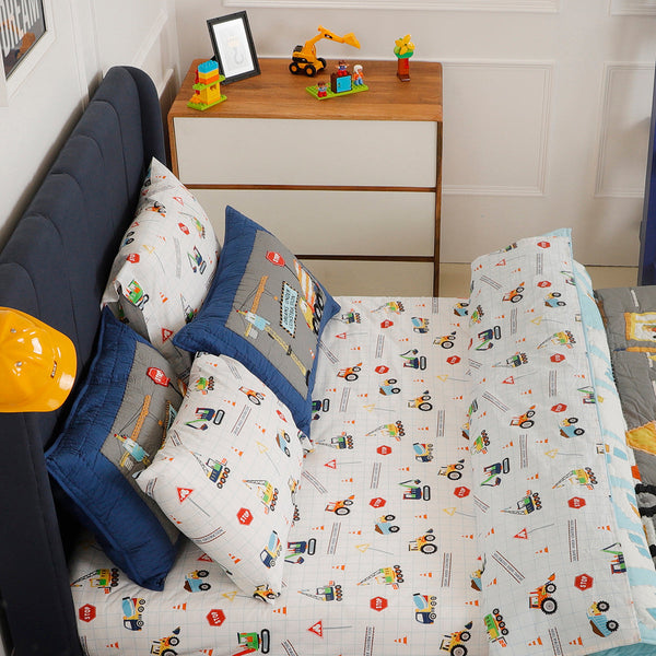 Organic Cotton Kids Bedsheet | Vehicle Print | White