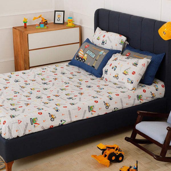 Organic Cotton Kids Bedsheet | Vehicle Print | White