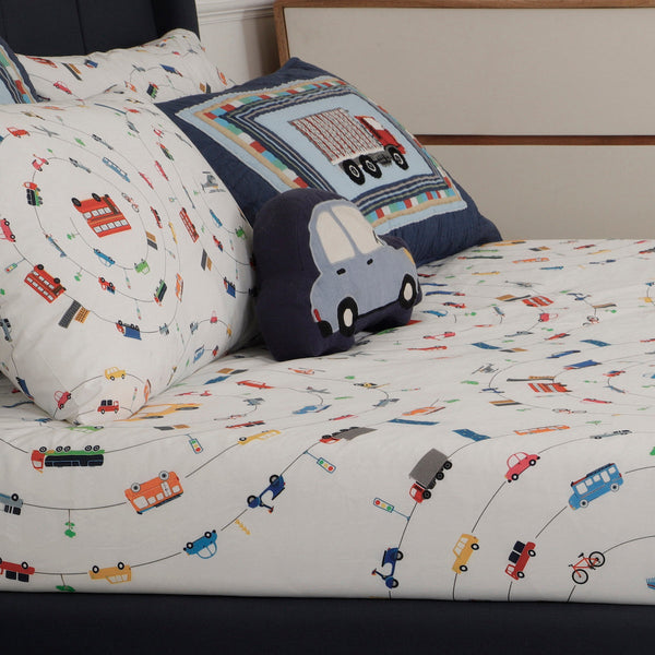 Organic Cotton Bedsheet for Kids | Transport Print | White