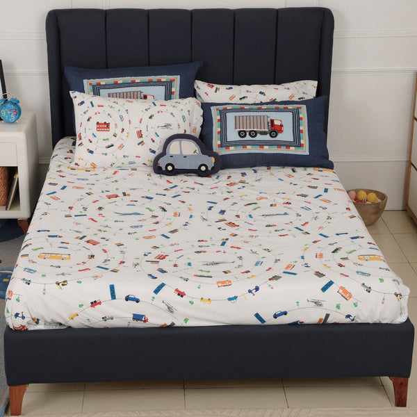 Organic Cotton Bedsheet for Kids | Transport Print | White