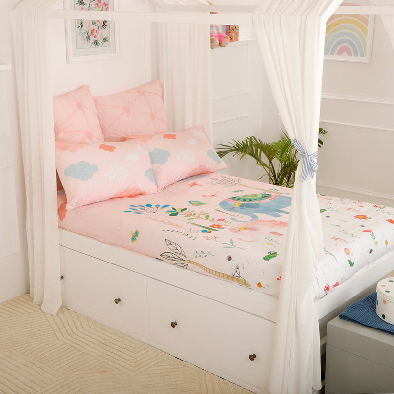 Organic Cotton Kids Bedsheet | Elephant Print | Pink