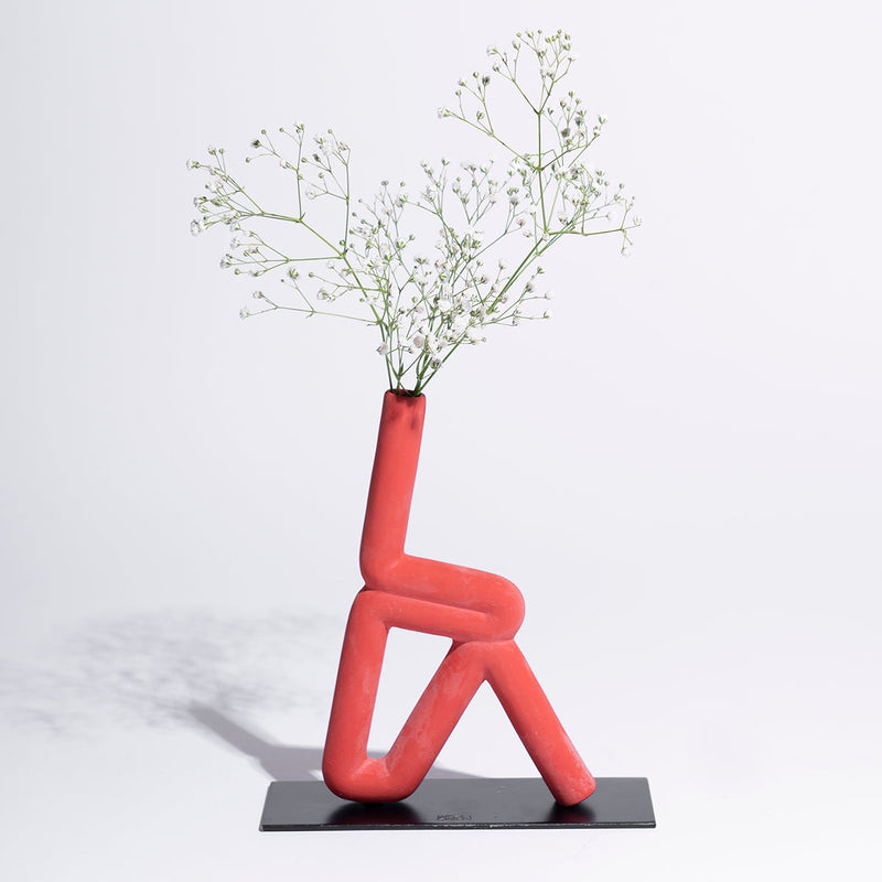 Ceramic Vase with Dried Flower Stick | Trikonasana Shape | Red