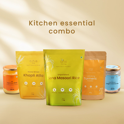 Healthy Food Starter Pack | Khapli Atta, A2 Ghee, Coconut Oil, Lakadong Turmeric & Sona Masoori Rice