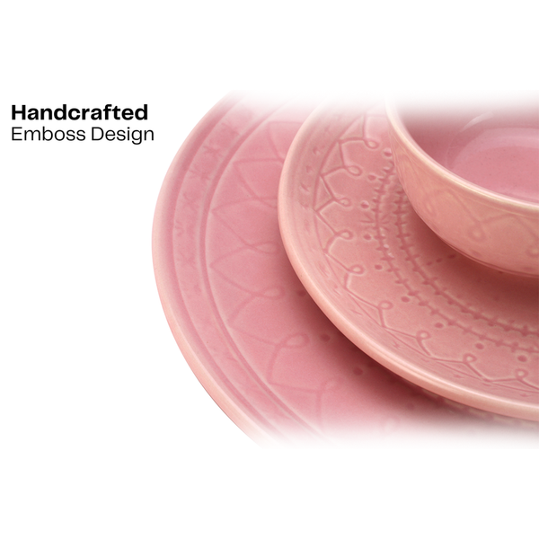 Ceramic Dinner Plate | Stoneware | Emboss Design | Large | Light Pink | Set of 4