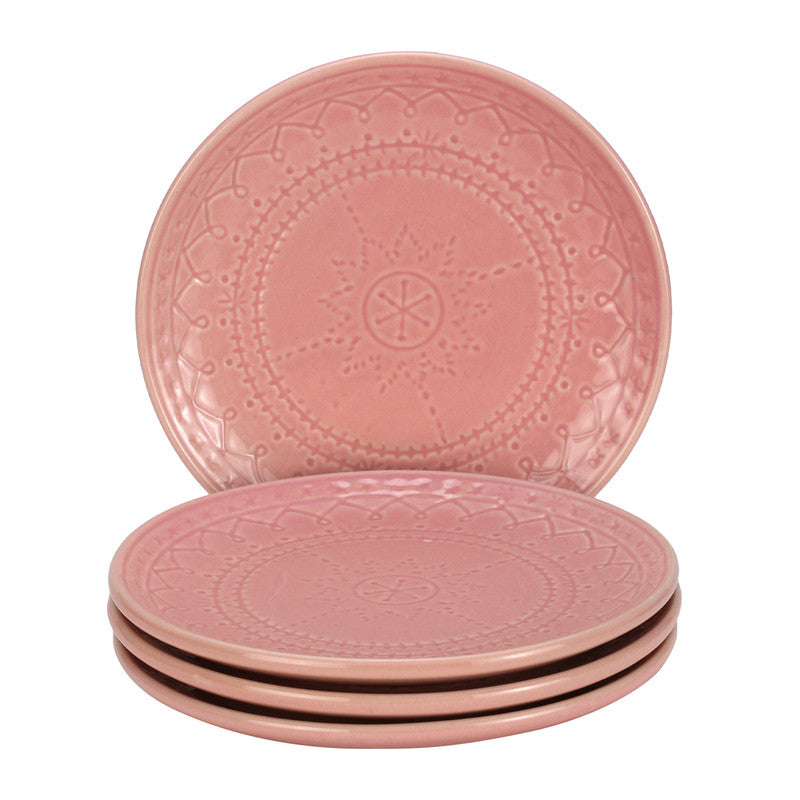 Stoneware Ceramic Plate | Emboss Design | Small | Light Pink | Set of 4