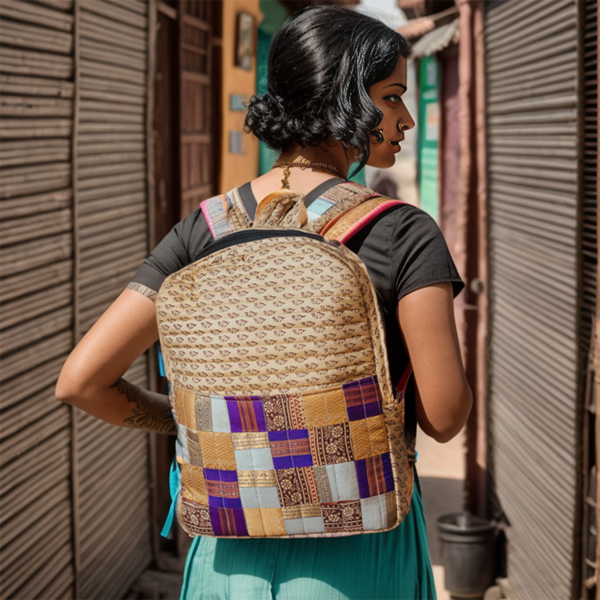 Upcycled Silk Backpack | Godhadi Patchwork | Beige & Maroon