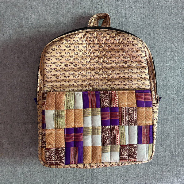 Upcycled Silk Backpack | Godhadi Patchwork | Beige & Maroon