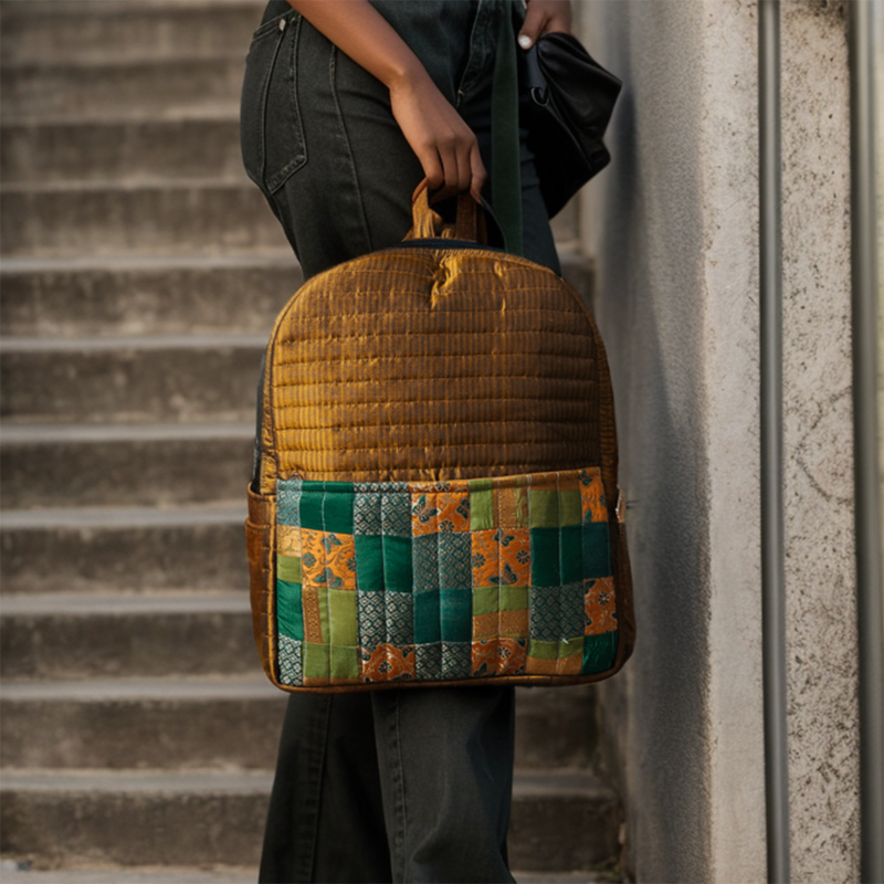 Upcycled Silk Backpack | Godhadi Patchwork | Bronze