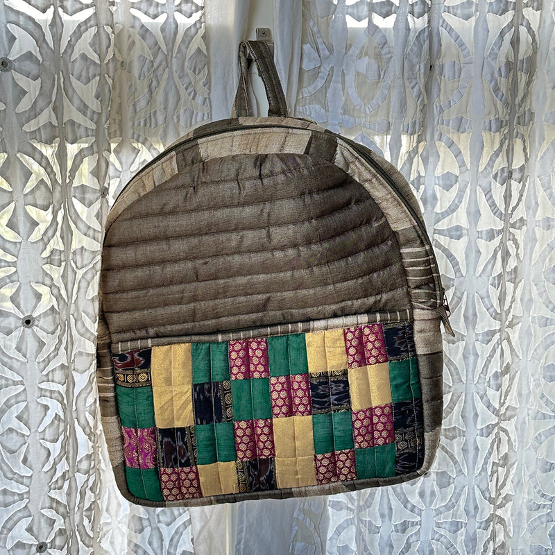 Upcycled Silk Backpack | Godhadi Patchwork | Stone Grey