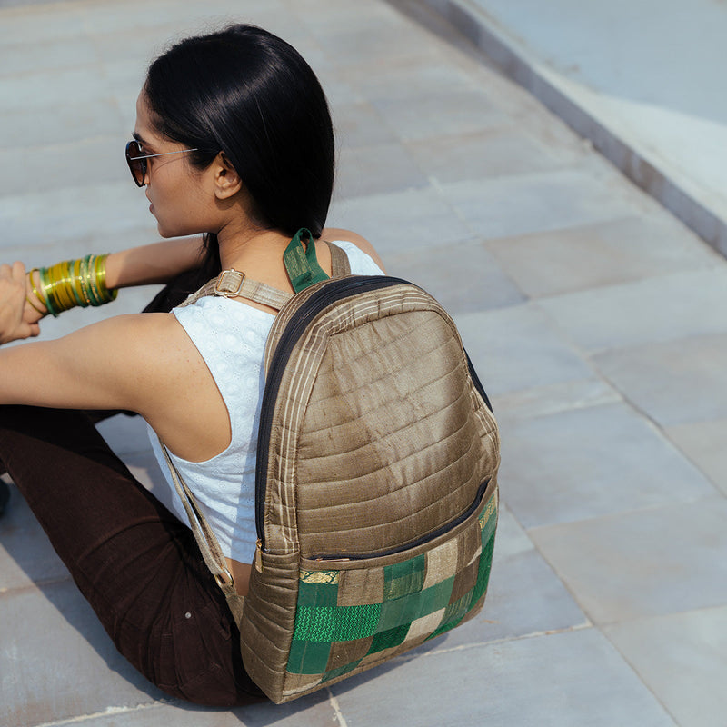 Upcycled Silk Backpack | Godhadi Patchwork | Cement Grey