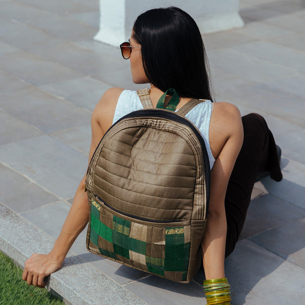 Upcycled Silk Backpack | Godhadi Patchwork | Cement Grey