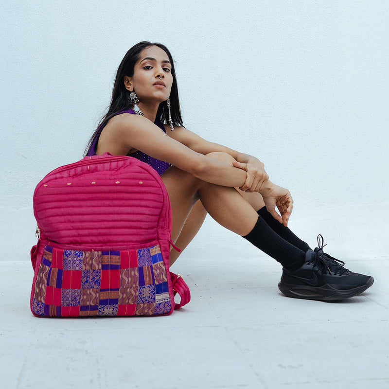 Upcycled Silk Backpack | Godhadi Patchwork | Rani Pink