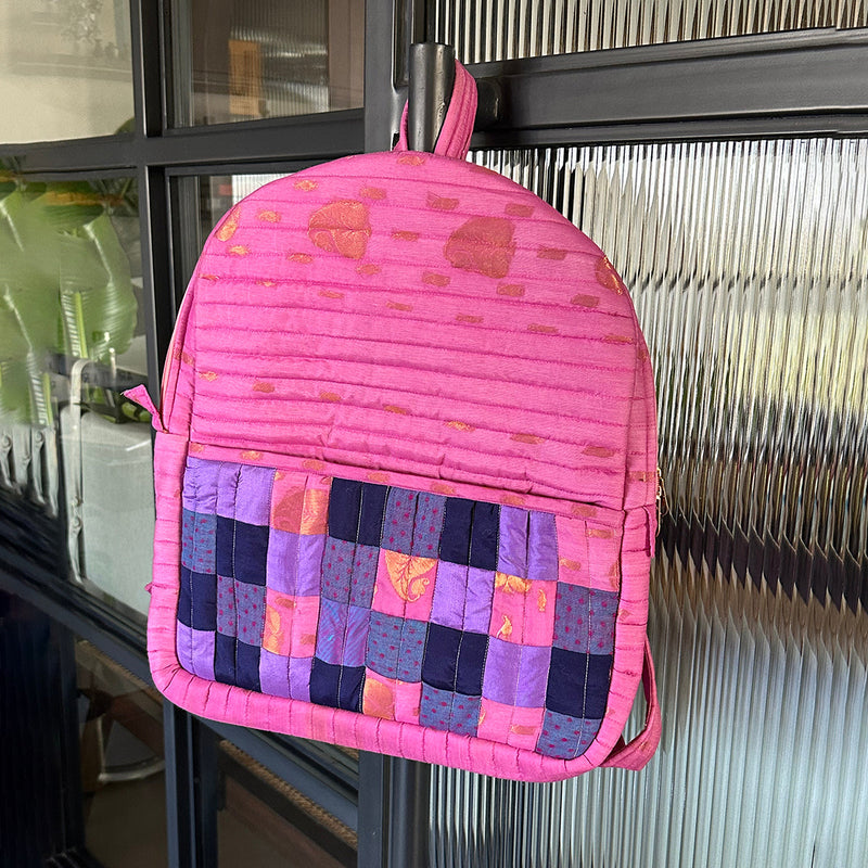 Upcycled Silk Backpack | Godhadi Patchwork | Salmon Pink