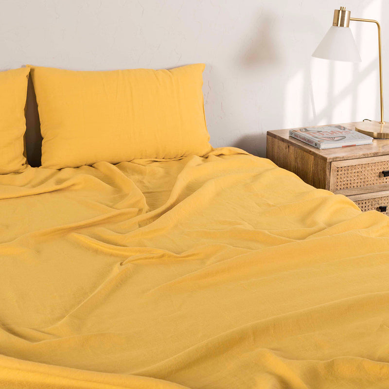 Pure Linen Bed Sheet with Pillow Covers | Solid Design | Summer Yellow