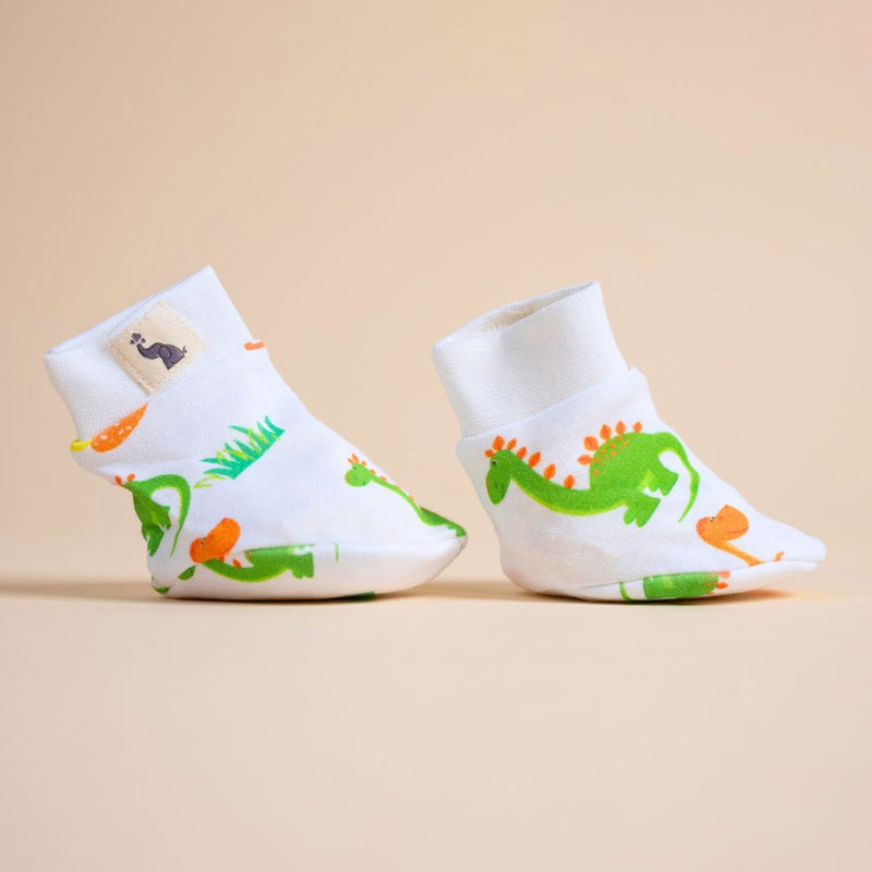 Organic Cotton Baby Booties | Dino & Eggs Design | White