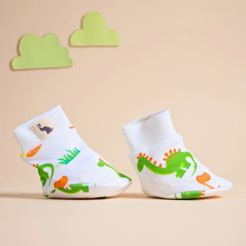 Organic Cotton Baby Booties | Dino & Eggs Design | White