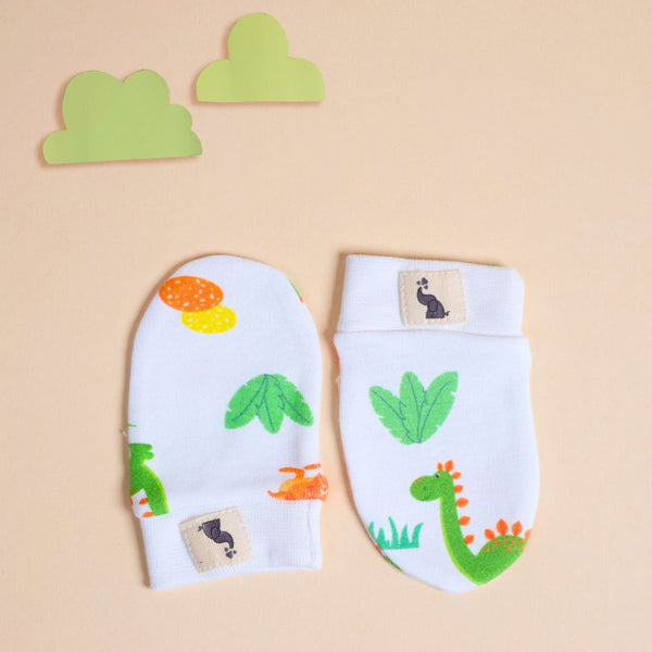 Organic Cotton Baby Mittens | Dino & Eggs Design | White