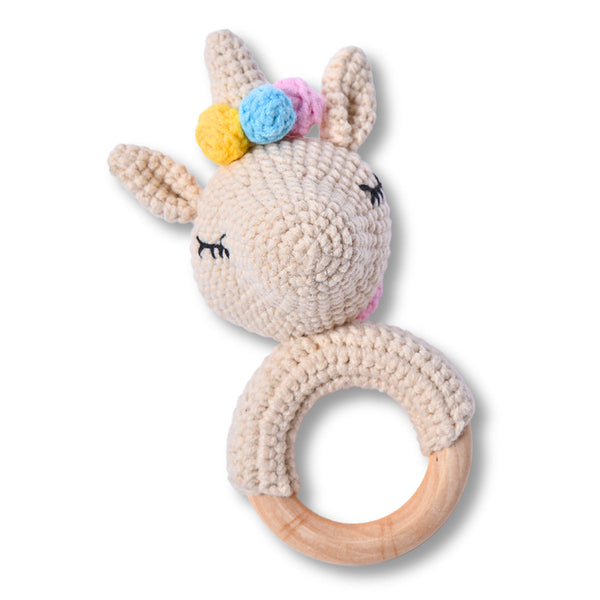 Baby Rattle Toy | Wood & Cotton | Unicorn Design | Off White | 13 cm