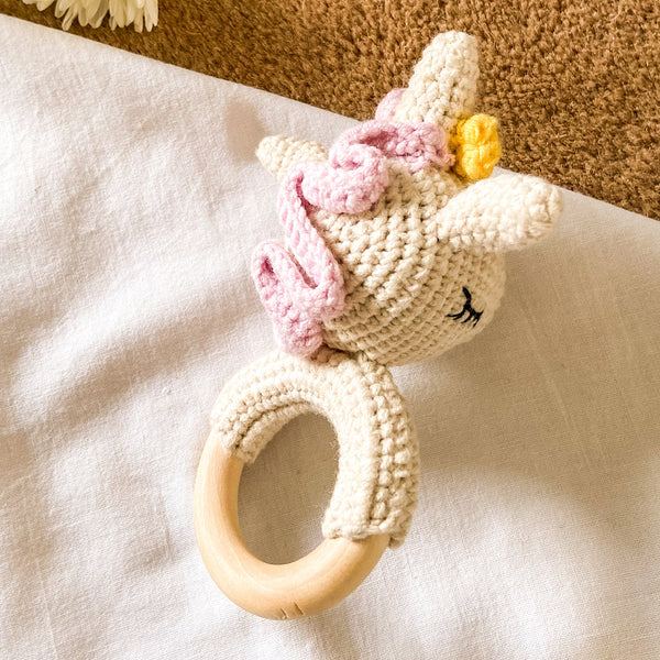 Baby Rattle Toy | Wood & Cotton | Unicorn Design | Off White | 13 cm