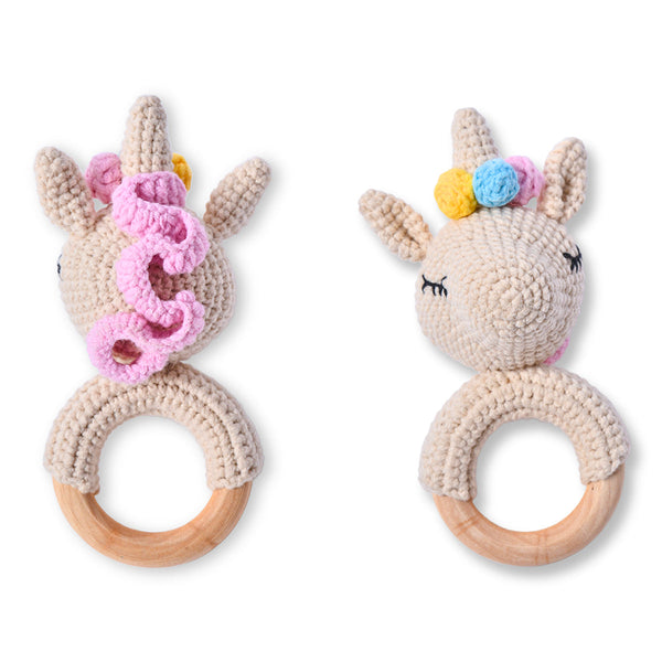 Baby Rattle Toy | Wood & Cotton | Unicorn Design | Off White | 13 cm