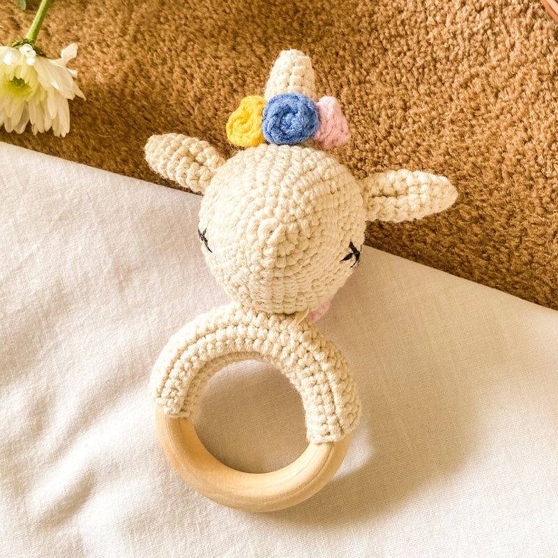 Baby Rattle Toy | Wood & Cotton | Unicorn Design | Off White | 13 cm