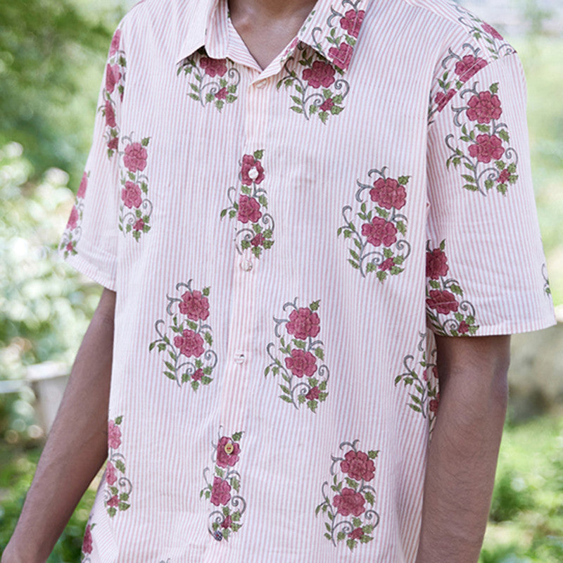 Mulmul Cotton Shirt for Men | Handblock Print | Light Pink