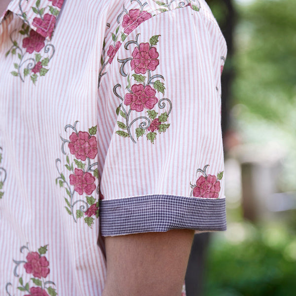 Mulmul Cotton Shirt for Men | Handblock Print | Light Pink