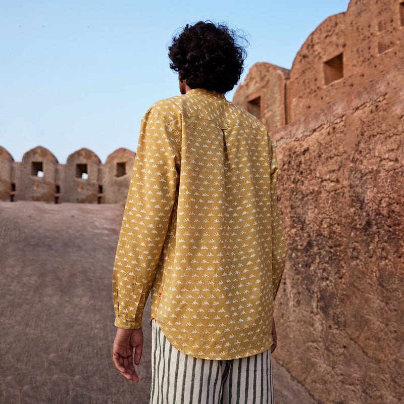 Men's Cotton Shirt | Dabu Handblock Print | Mustard Yellow