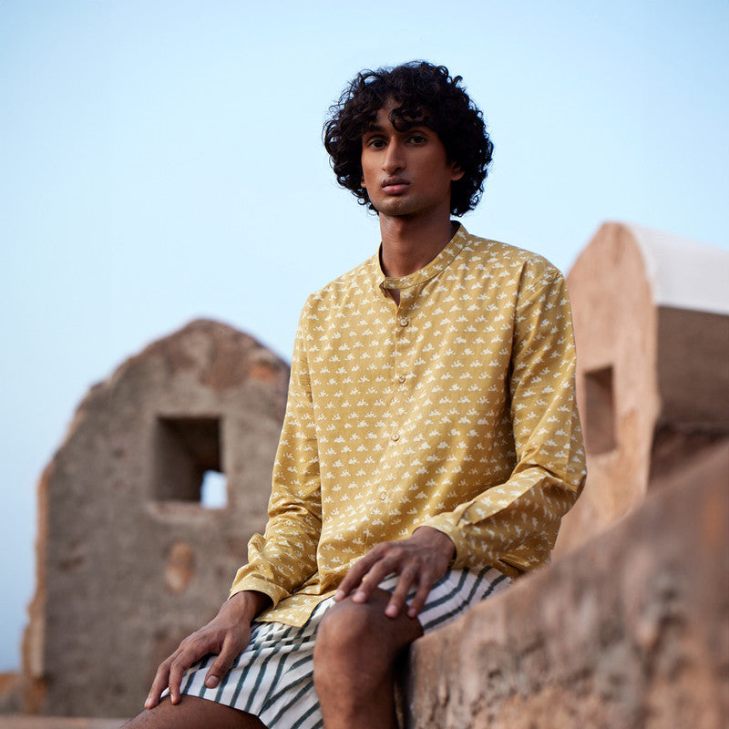 Men's Cotton Shirt | Dabu Handblock Print | Mustard Yellow