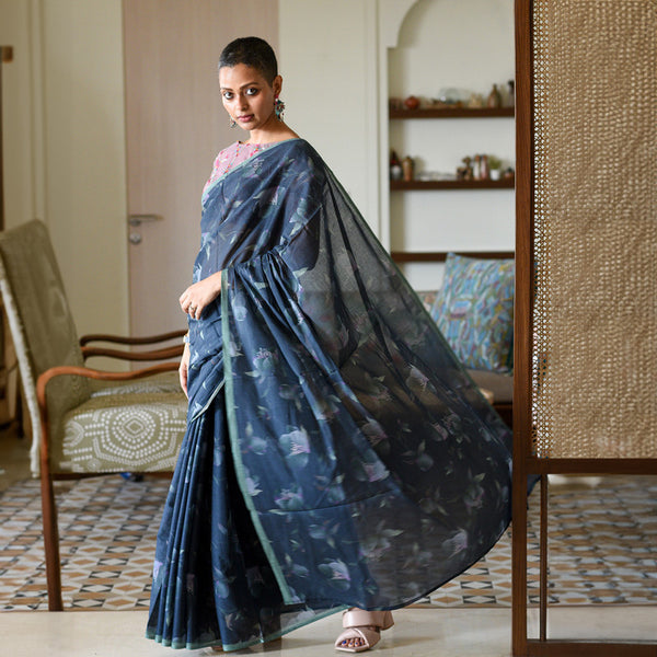 Pure Cotton Blue Saree | Floral Print