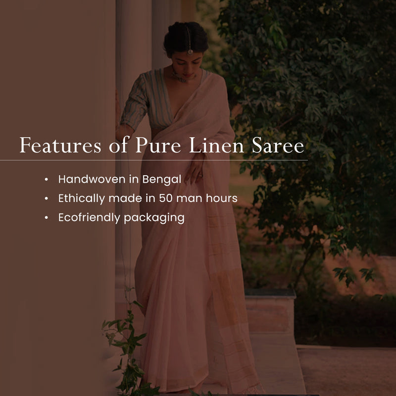 Linen Saree | Saree For Women | Light Pink and Golden Zari