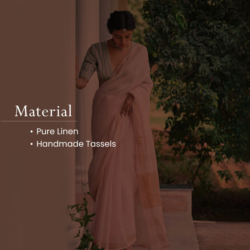 Linen Saree | Saree For Women | Light Pink and Golden Zari