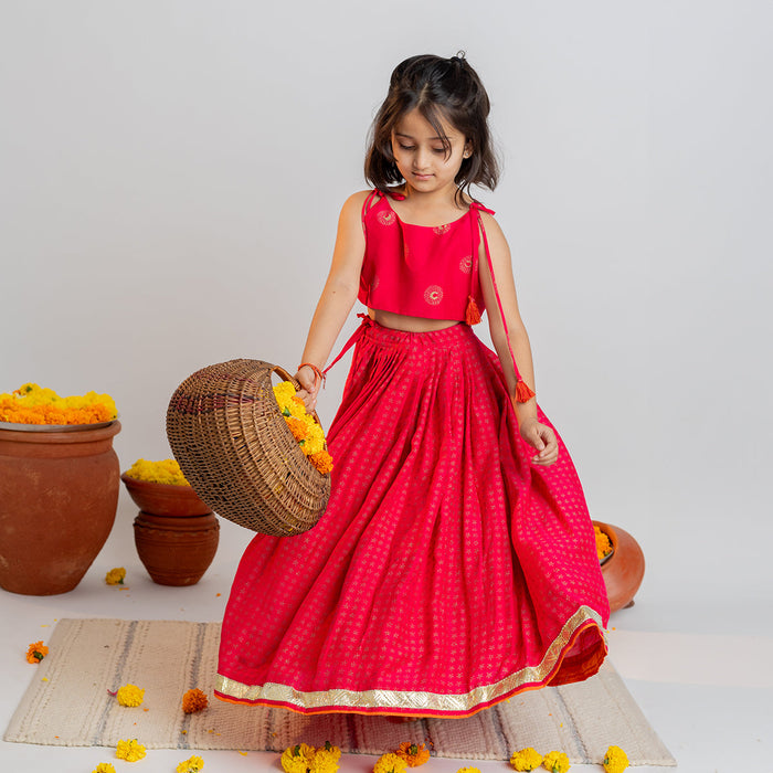 Cotton Muslin Kids Lehenga Set for Girls | Peacock Design | Pink