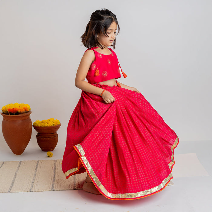 Cotton Muslin Kids Lehenga Set for Girls | Peacock Design | Pink