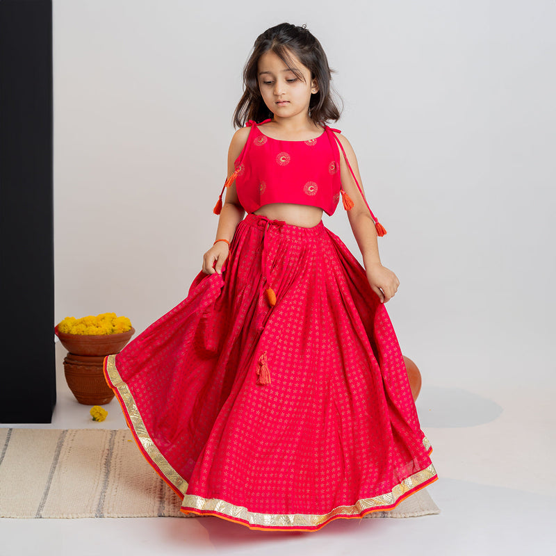 Cotton Muslin Kids Lehenga Set for Girls | Peacock Design | Pink