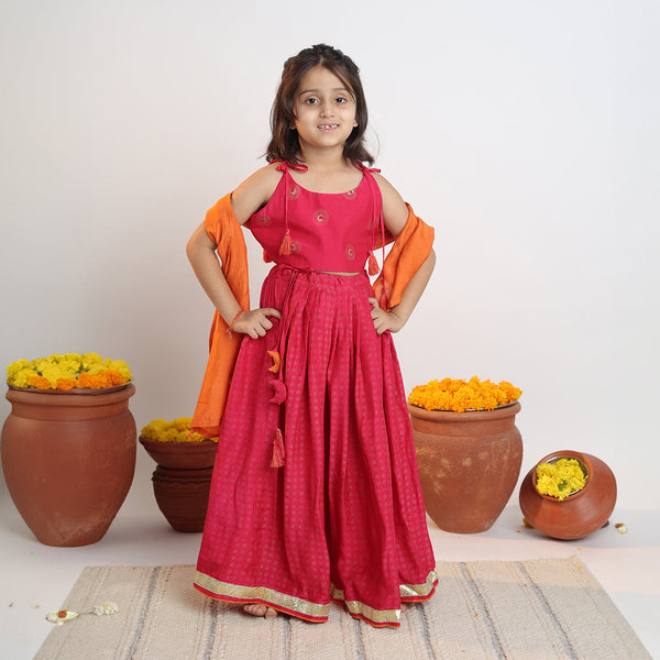 Cotton Muslin Kids Lehenga Set for Girls | Peacock Design | Pink