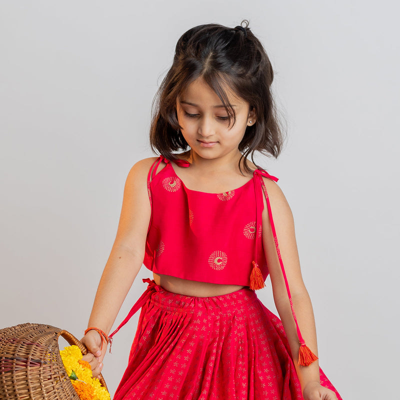 Cotton Muslin Kids Lehenga Set for Girls | Peacock Design | Pink